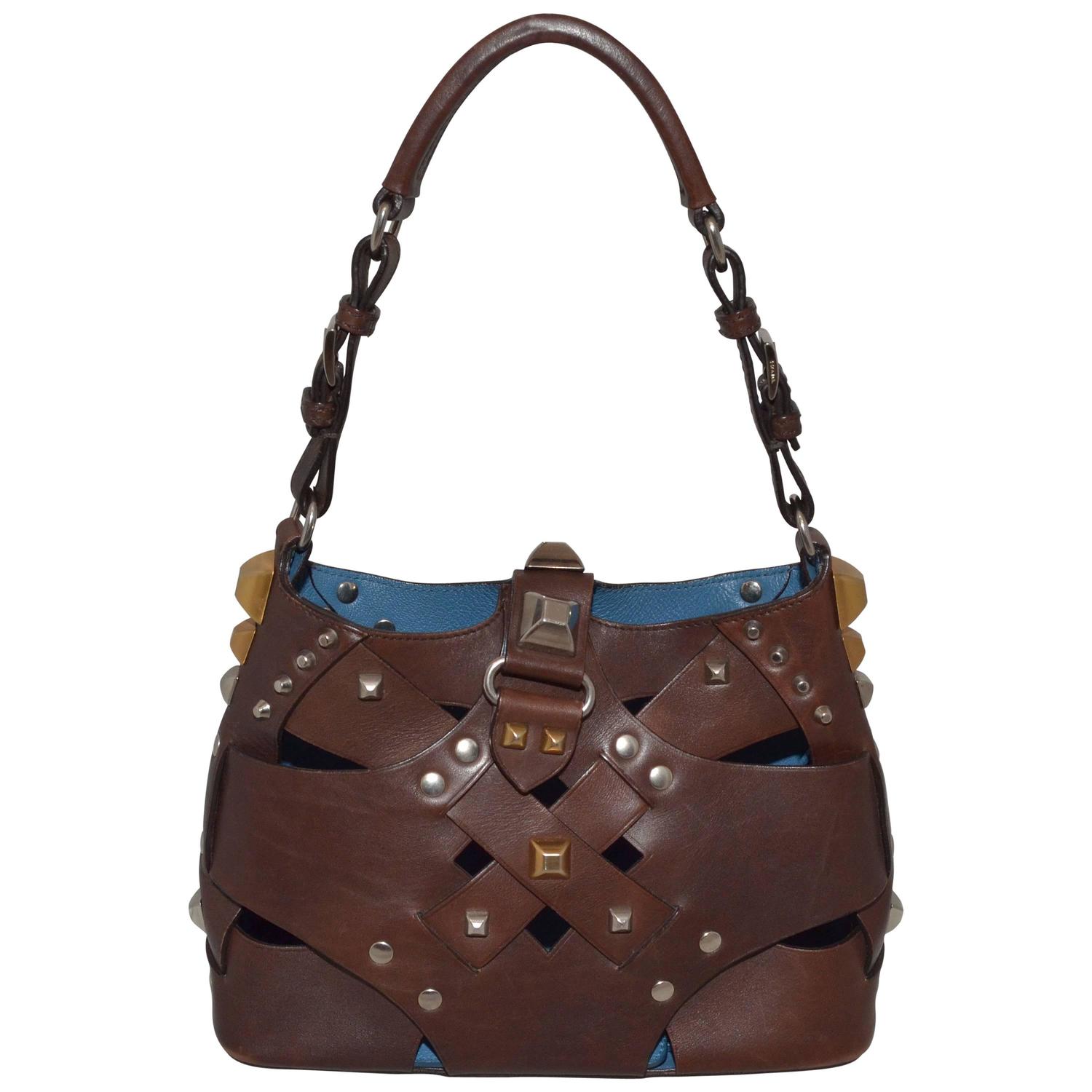 Prada Woven Leather Studded Cutout Mini Handbag For Sale at 1stdibs