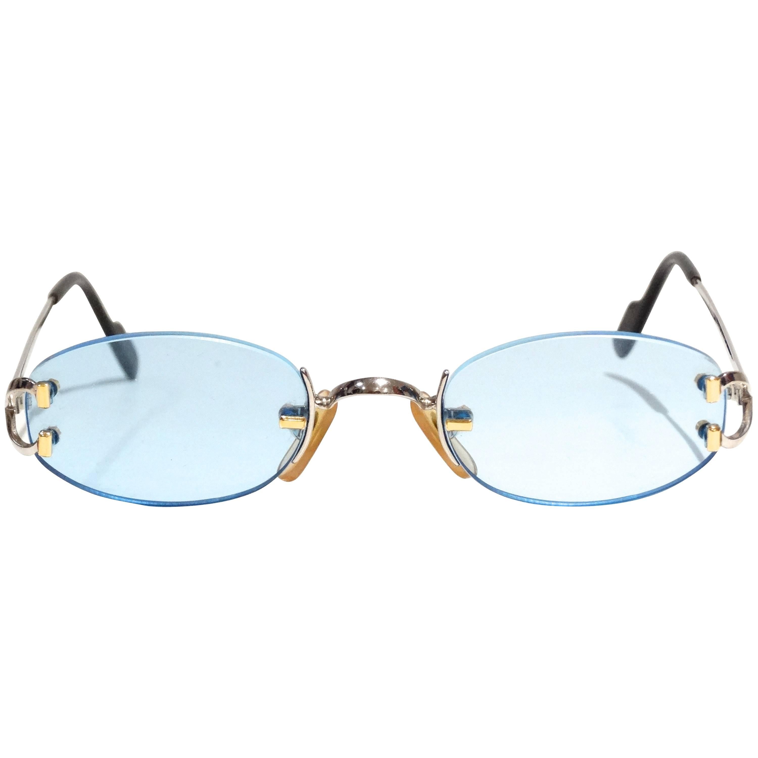 1990s Rimless Cartier Blue Lens Sunglasses