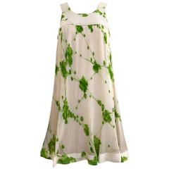 60s Pierre Cardin creme and green  silk print mini dress
