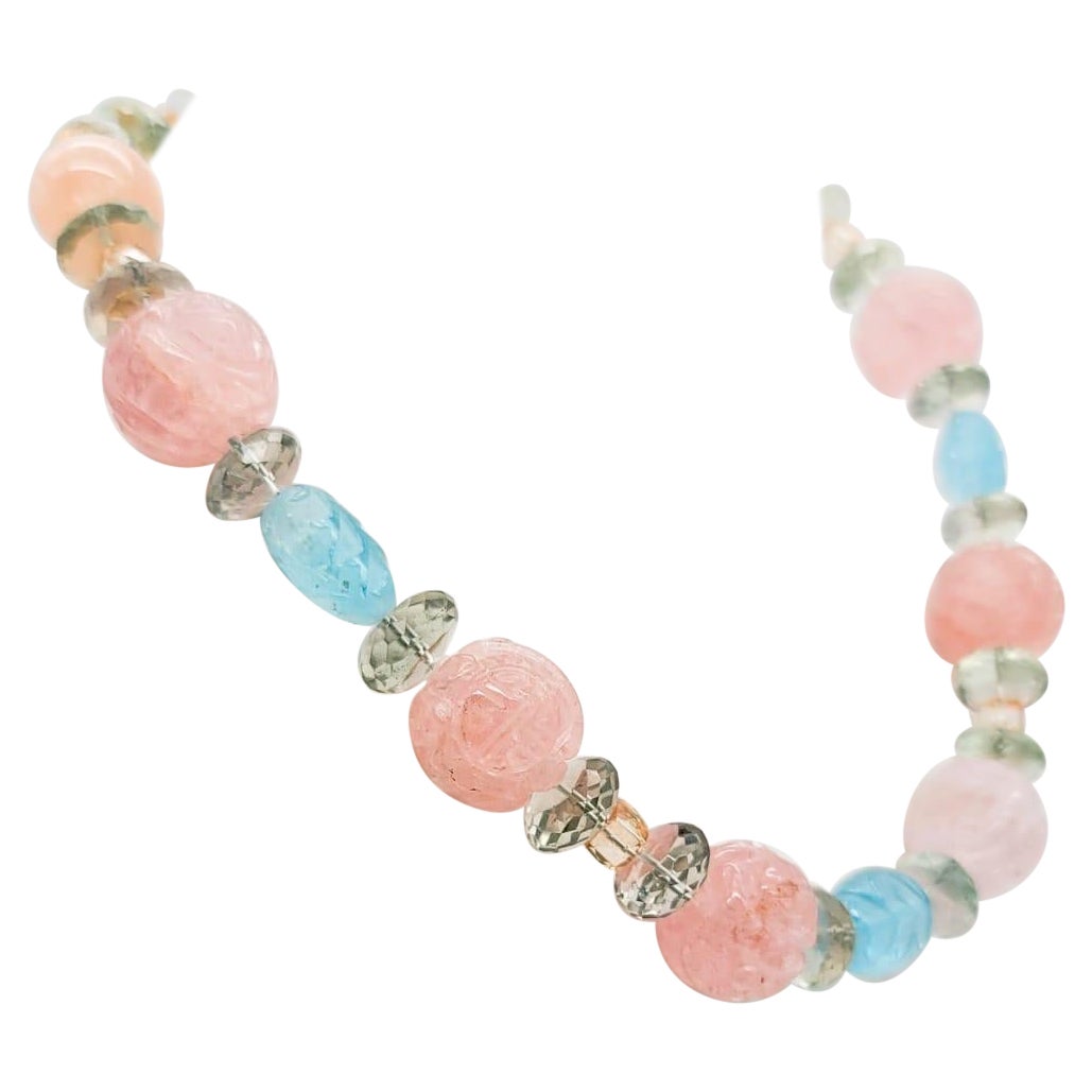 1371.00 CTS NATURAL RICH PINK ROSE QUARTZ ROUND CARVED BEADS NECKLACE STRAND 