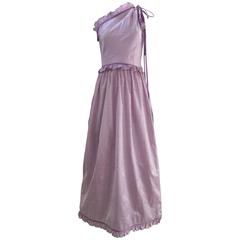 1970s Bill Tice Purple and White Striped One Shoulder Silk Dress