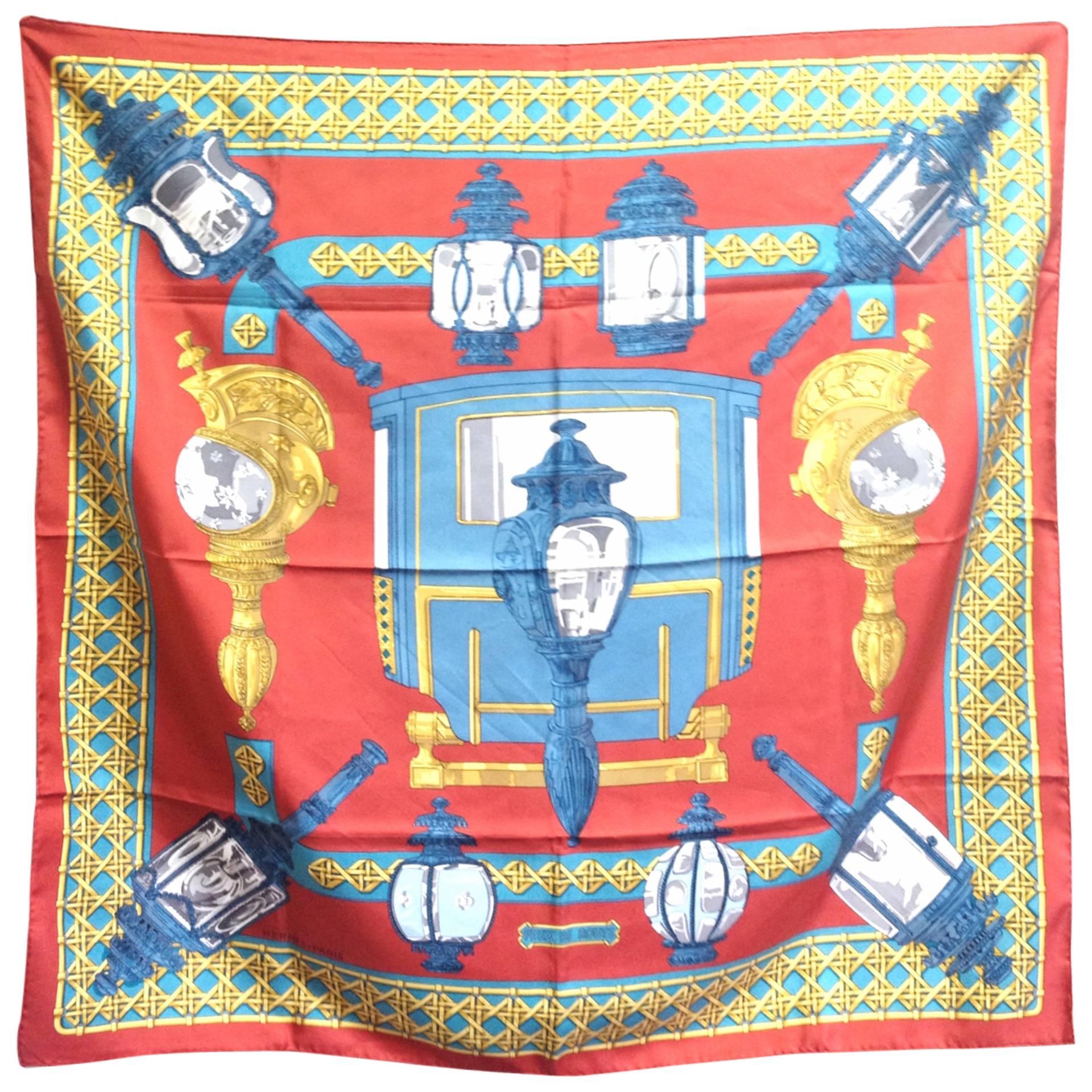 Vintage Hermes carre twill silk scarf. Armor, Knight motif lamp design.  For Sale