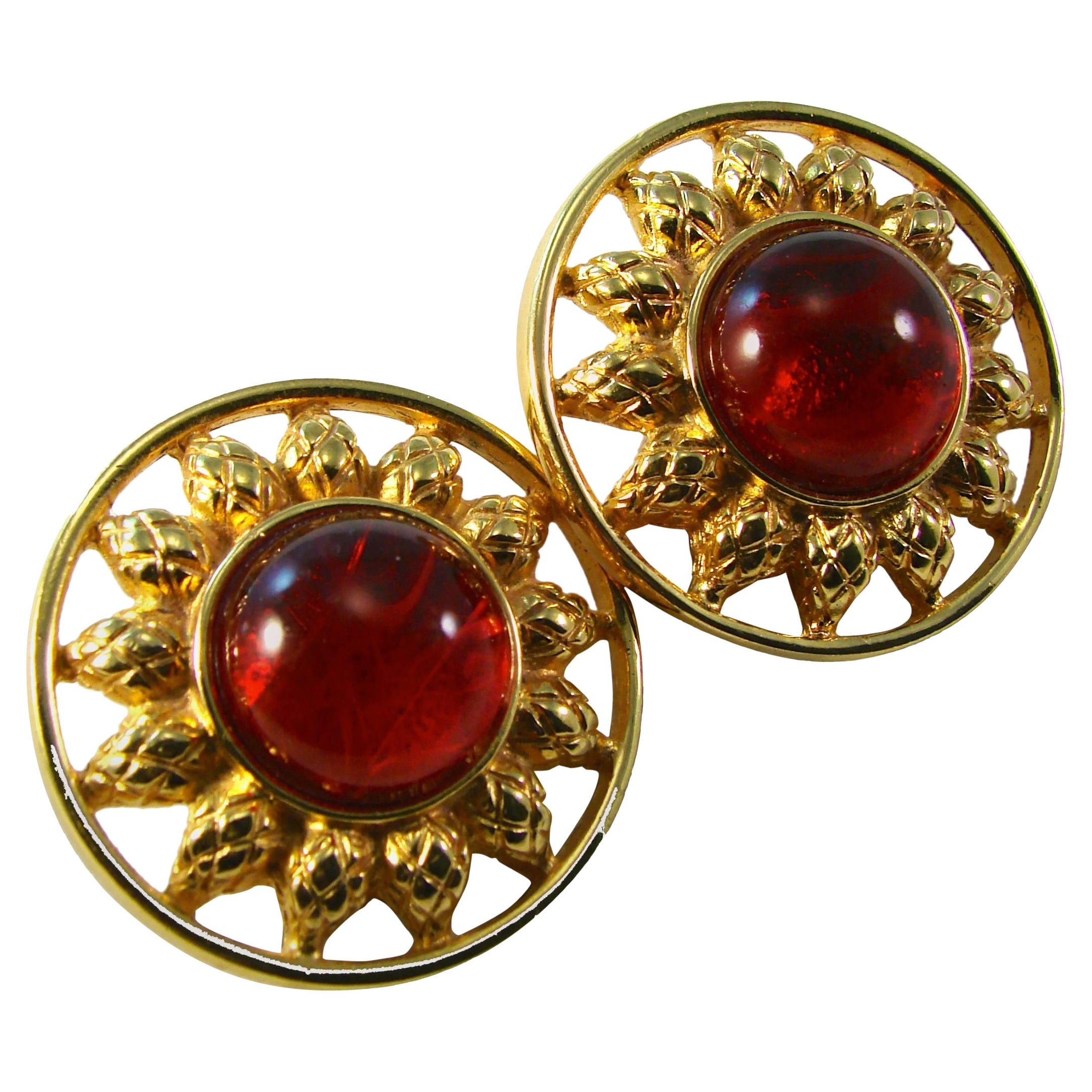 Fendi Earrings Gold Metal Sun Figural Red Glass Cabochon Center Vintage 1980s 