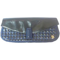 Vintage Bally black and blue enamel intrecciato design leather clutch purse
