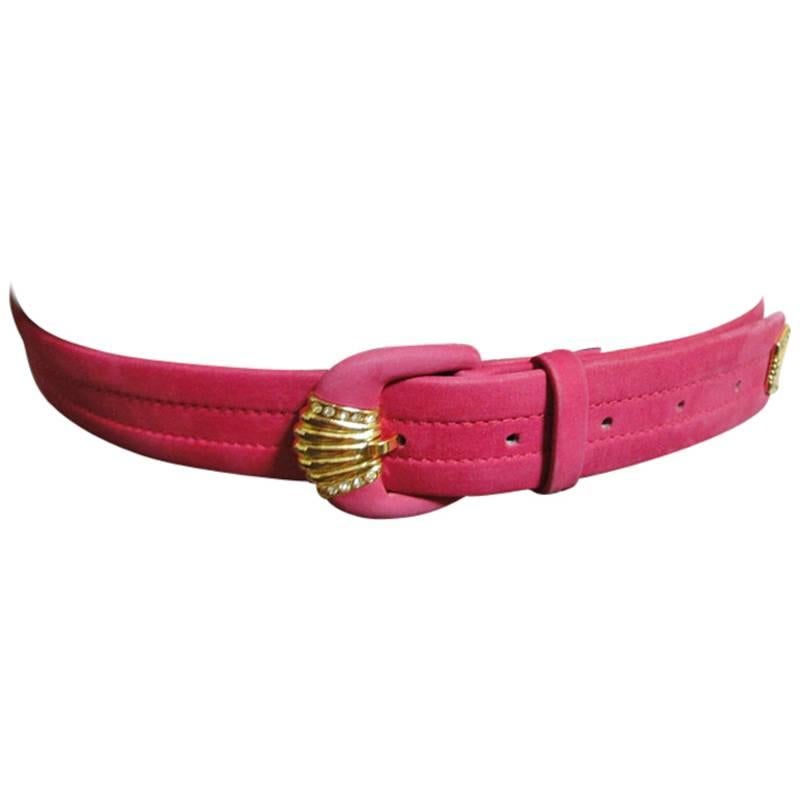 80's Vintage Christian Dior tropical pink suede leather belt with gold motif