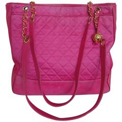 Vintage CHANEL bright pink shoulder tote bag with quilted satin and leather