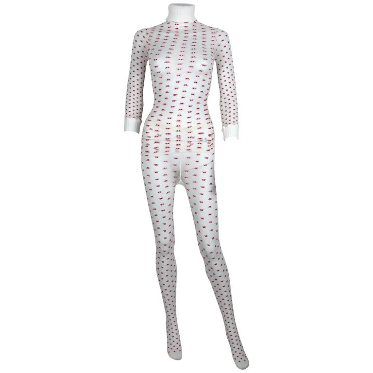 Courrèges Vintage Rare Sheer Logo Top and Matching Tights White/Red ...