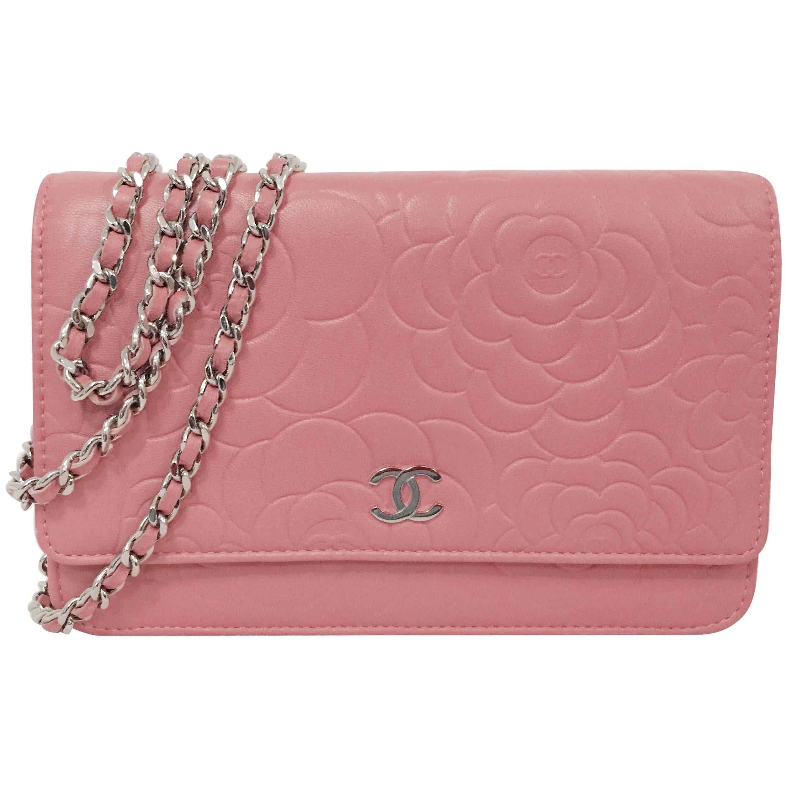 NEW Chanel Pink Camellia Embossed Lambskin Wallet/Chain Bag Serial 1480062