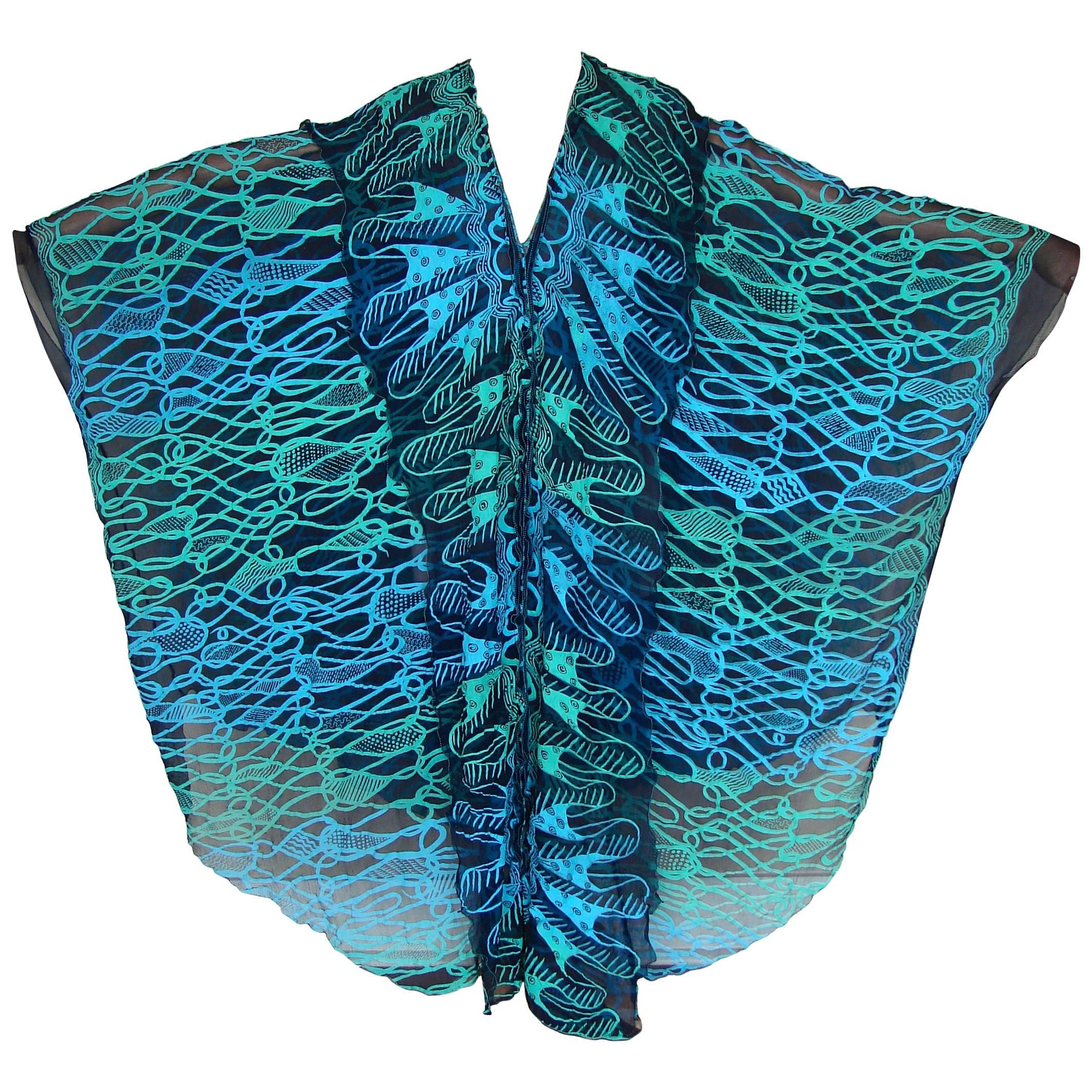 70s Zandra Rhodes Kaftan Dress Silk Chiffon Blue Abstract Print Size M  