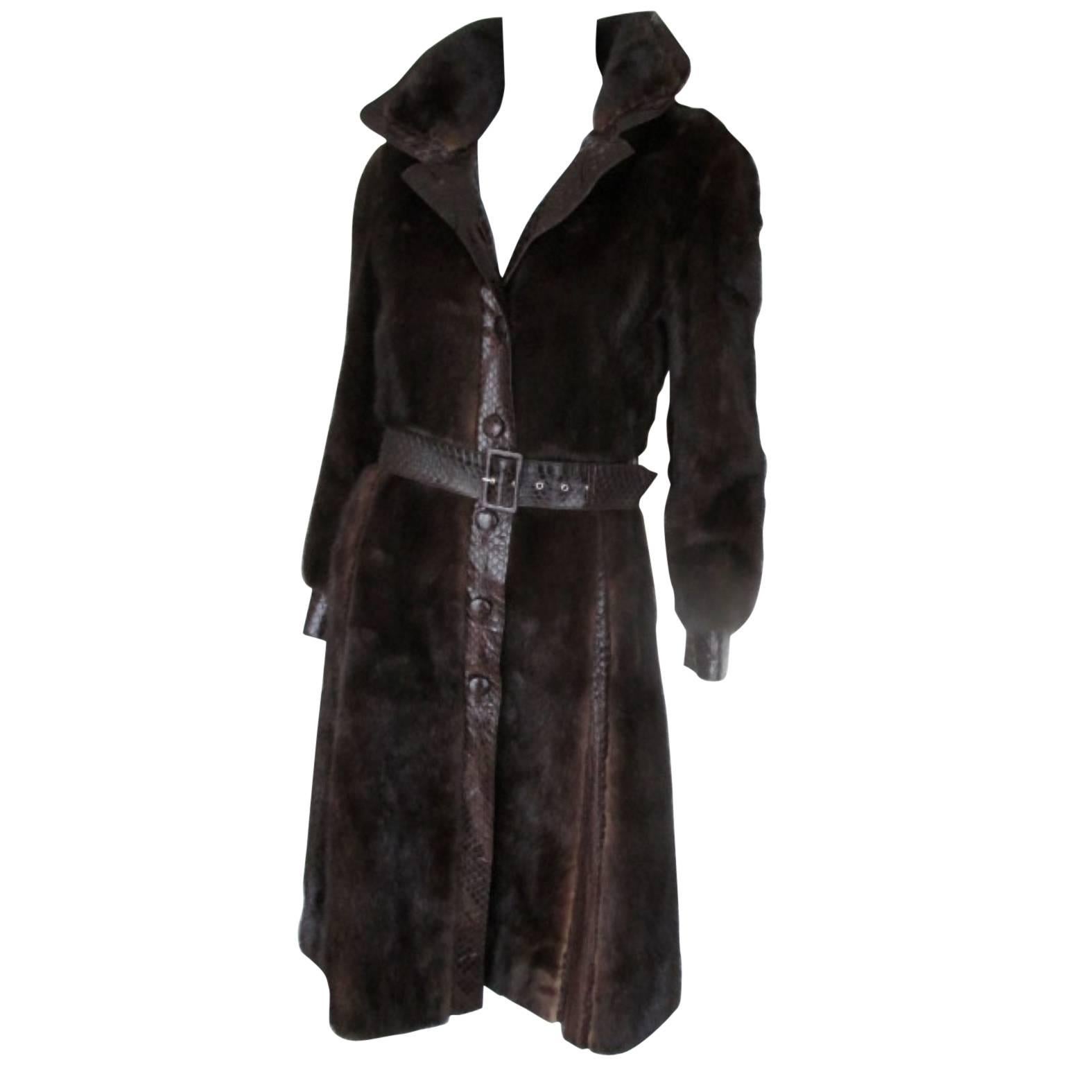 Chocolate Brown Belted Mink Fur Coat 