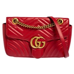 Used Gucci Red Matelasse Leather Small GG Marmont Shoulder Bag