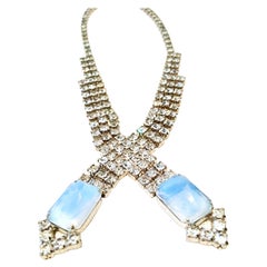 60'S Silver Swaorovski Crystal & Blue Glass Moonstone Choker Necklace