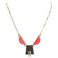 1930s German Art Deco Chrome Red and Black Galalith Necklace by Jacob Bengel