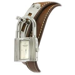 Hermes Double Tour Kelly Brown Leather Stainless Steel Lock Wrist Watch