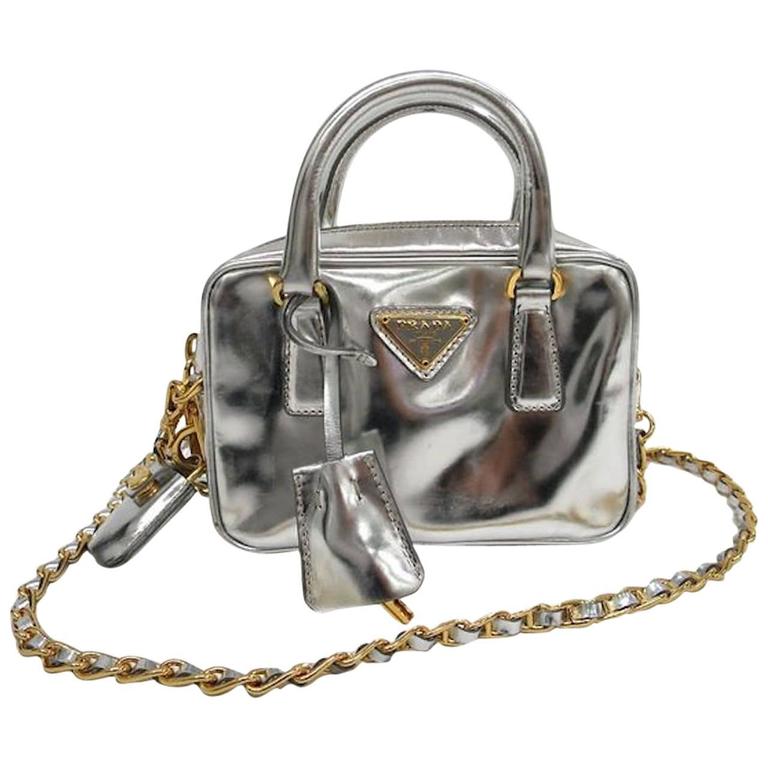 Prada Silver Patent Leather Gold Chain HW Top Handle Crossbody Shoulder