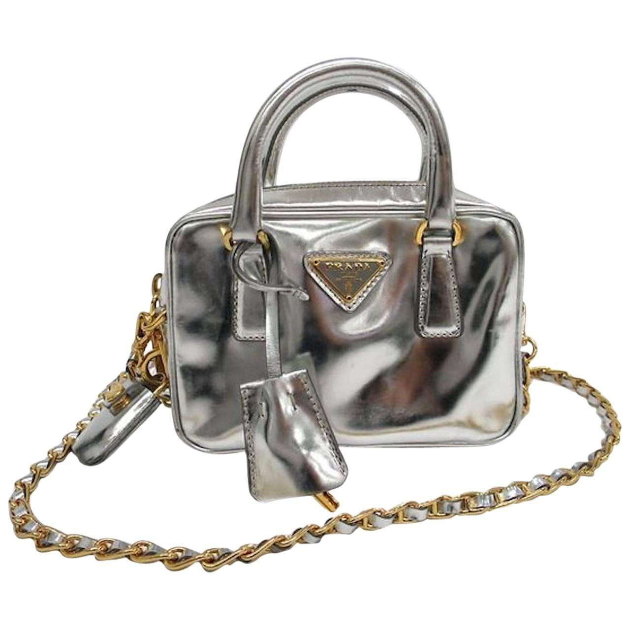 Prada Silver Patent Leather Gold Chain HW Top Handle Crossbody Shoulder Bag