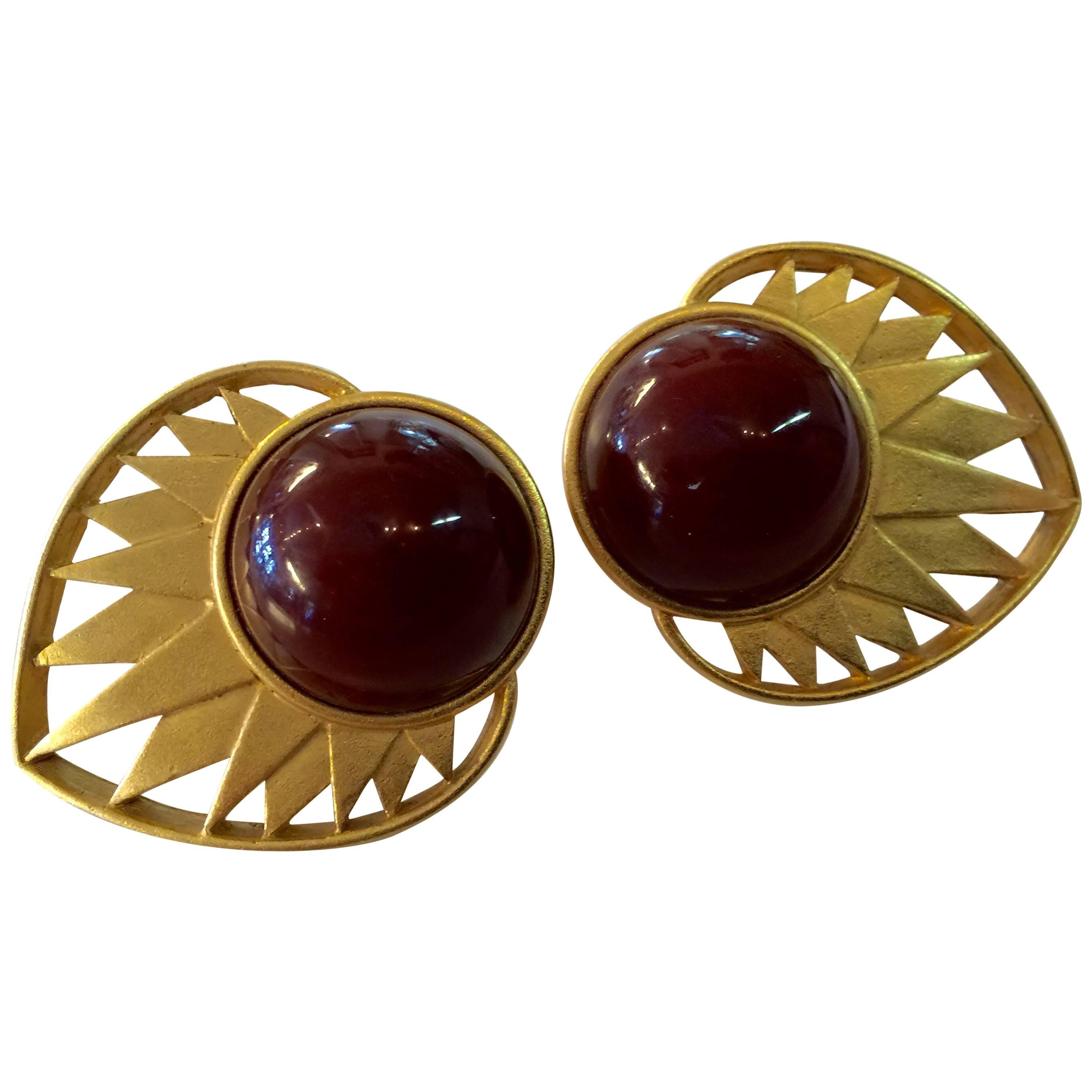 1980s YSL Yves Saint Laurent Matte Goldtone and Brown Cabochon Clip on Earrings For Sale