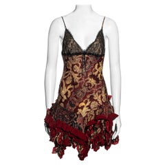 Used Roberto Cavalli red and gold brocade-print silk evening slip dress, fw 2004