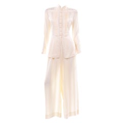 Valentino Cream Tonal Stripe Silk & Lace Pantsuit Wide Leg Pants & Blouse Outfit