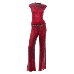 Vintage Red Beaded Silk 2 pc Evening Dress Alternative Pants and Top Outfit