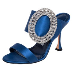 Manolo Blahnik Blue Satin Fibiona Crystal Embellished Mules Size 35.5