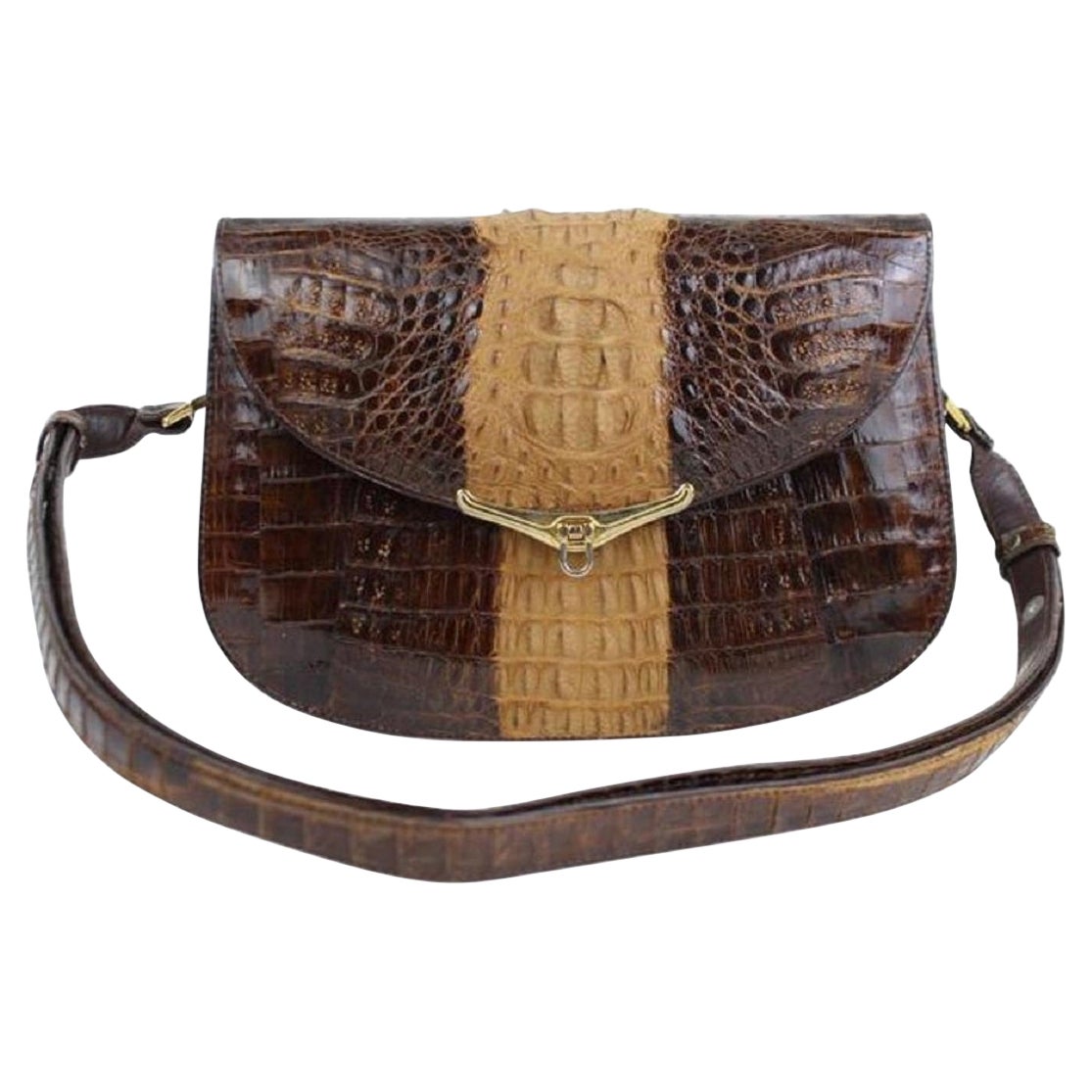 Custom Made Bicolor Flap 11mt915 Chocolate Crocodile Skin Leather Cross Body Bag For Sale
