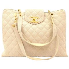 Vintage Chanel Overnighter Supermodel Beige Quilted Canvas Shoulder Tote Bag