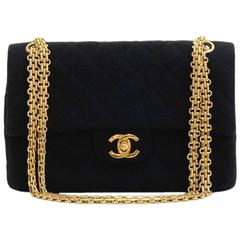 Vintage Chanel 2.55 9" Double Flap Black Quilted Cotton Shoulder Bag