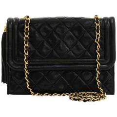 Vintage Chanel 9" Flap Black Quilted Leather Fringe Shoulder Pochette Bag