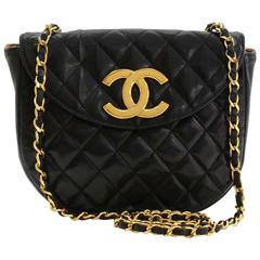 Vintage Chanel 8" Black Quilted Leather Shoulder Flap Bag Large CC Logo