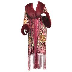 Vintage Adrienne Landau Floral Embroidered Velvet Fox Fringe Kimono Coat Jacket