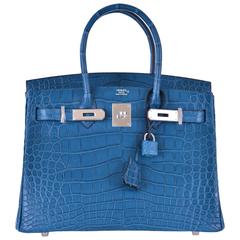 Hermes 30cm Birkin Bag Alligator Blue Colvert palladium hardware JaneFinds