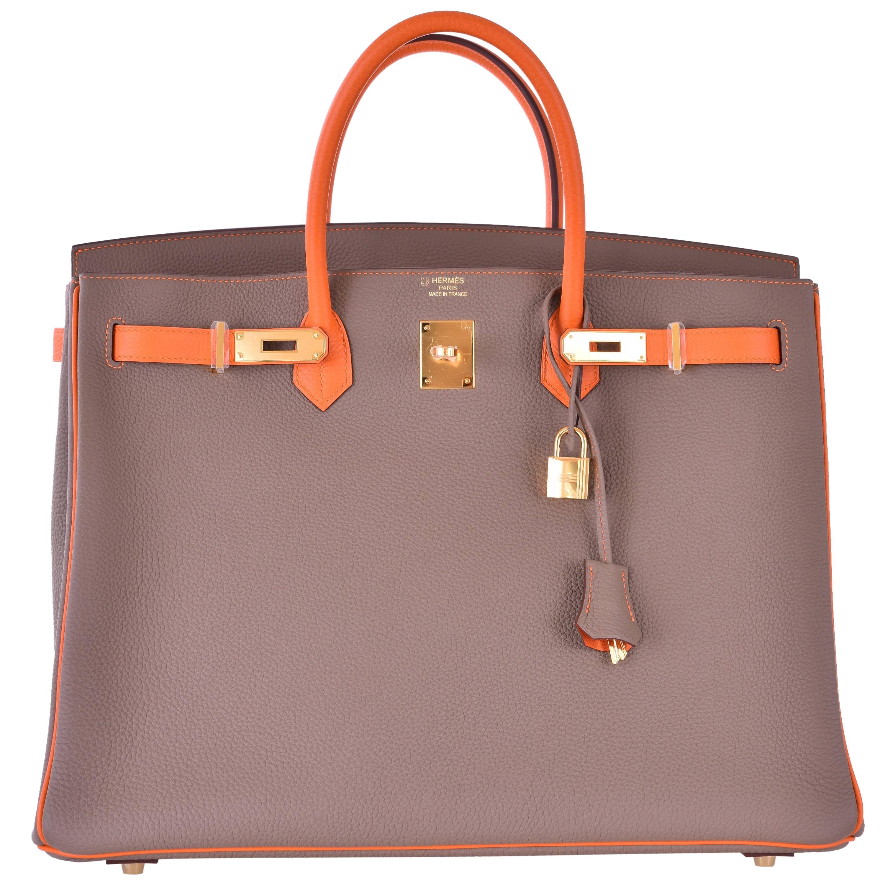 Hermes Birkin Bag Etoupe 40cm Special Order with Orange Gold Hardware JaneFinds