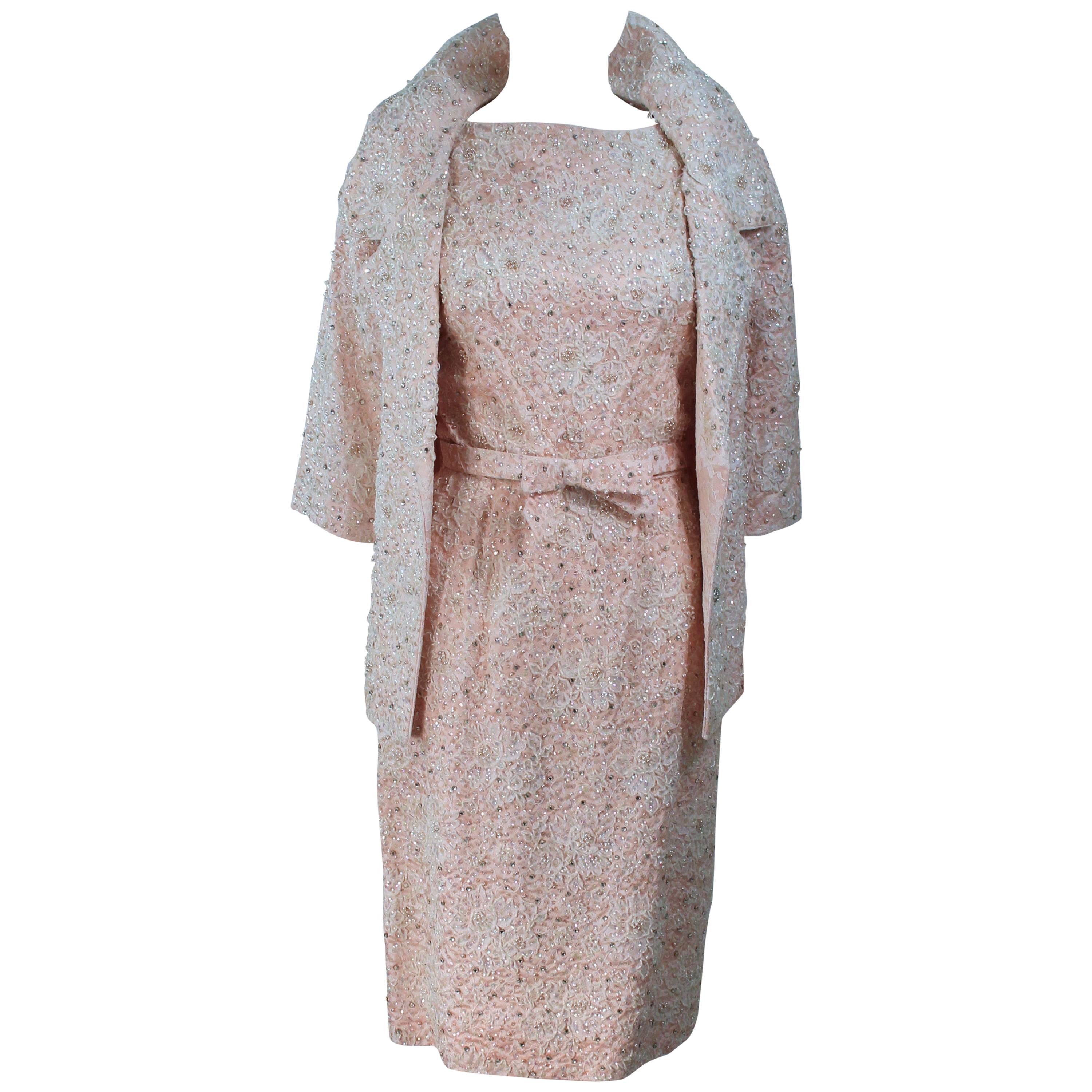 HAUTE COUTURE INTERNATIONALE 1960's Pink Beaded Dress and Jacket Ensemble Size 2