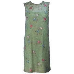 Vintage 1960's Mint Green Dress with Beading and Rhinestone Applique Size 2-4
