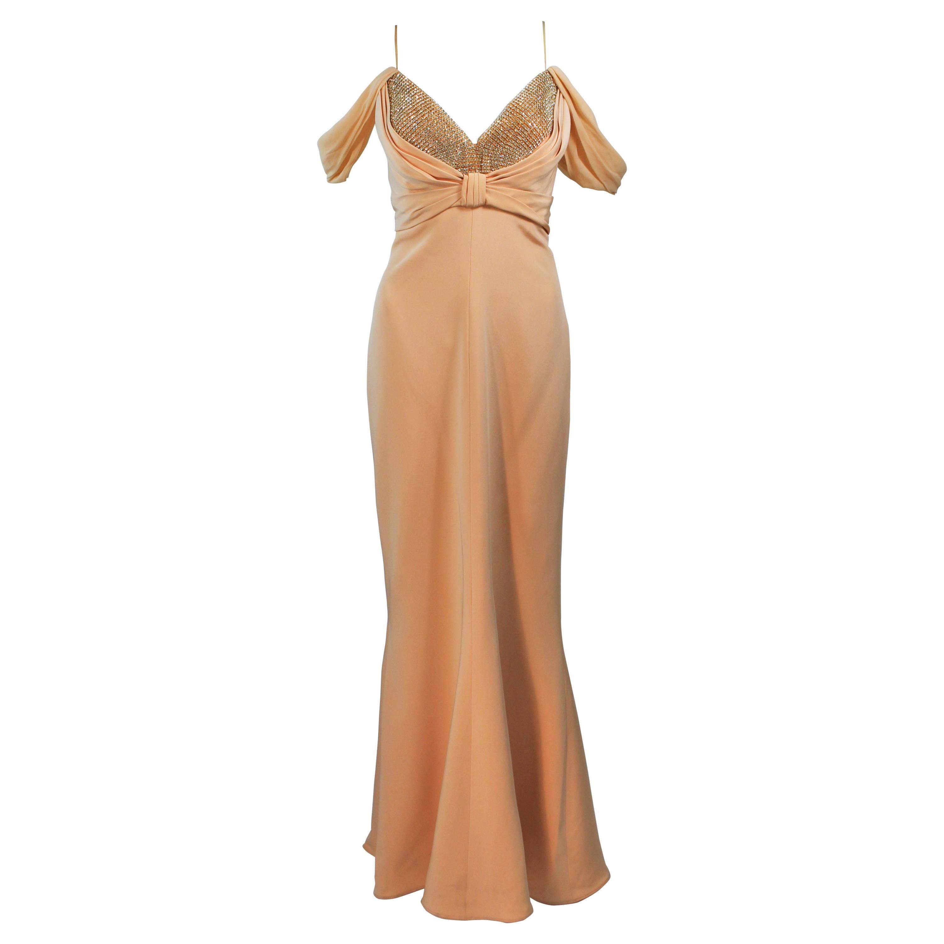 SAM CARLIN Nude Draped Off-Shoulder Gown with Rhinestone Decollete Size 10 For Sale