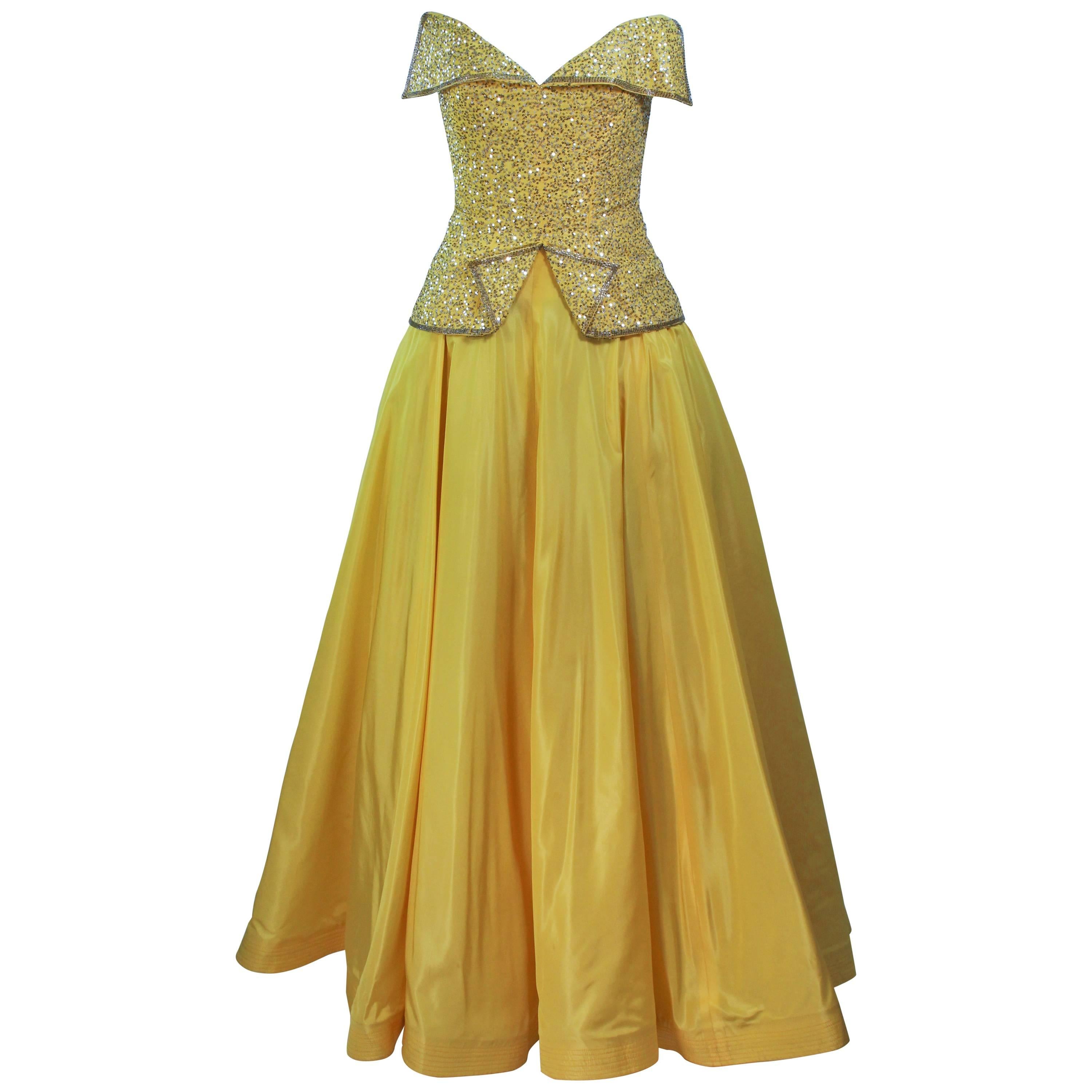 MURRAY ARBEID Yellow Embellished Full Length Strapless Gown Size 2-4 For  Sale at 1stDibs