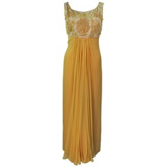 1960's Beaded Yellow Draped Chiffon Gown Size 2-4