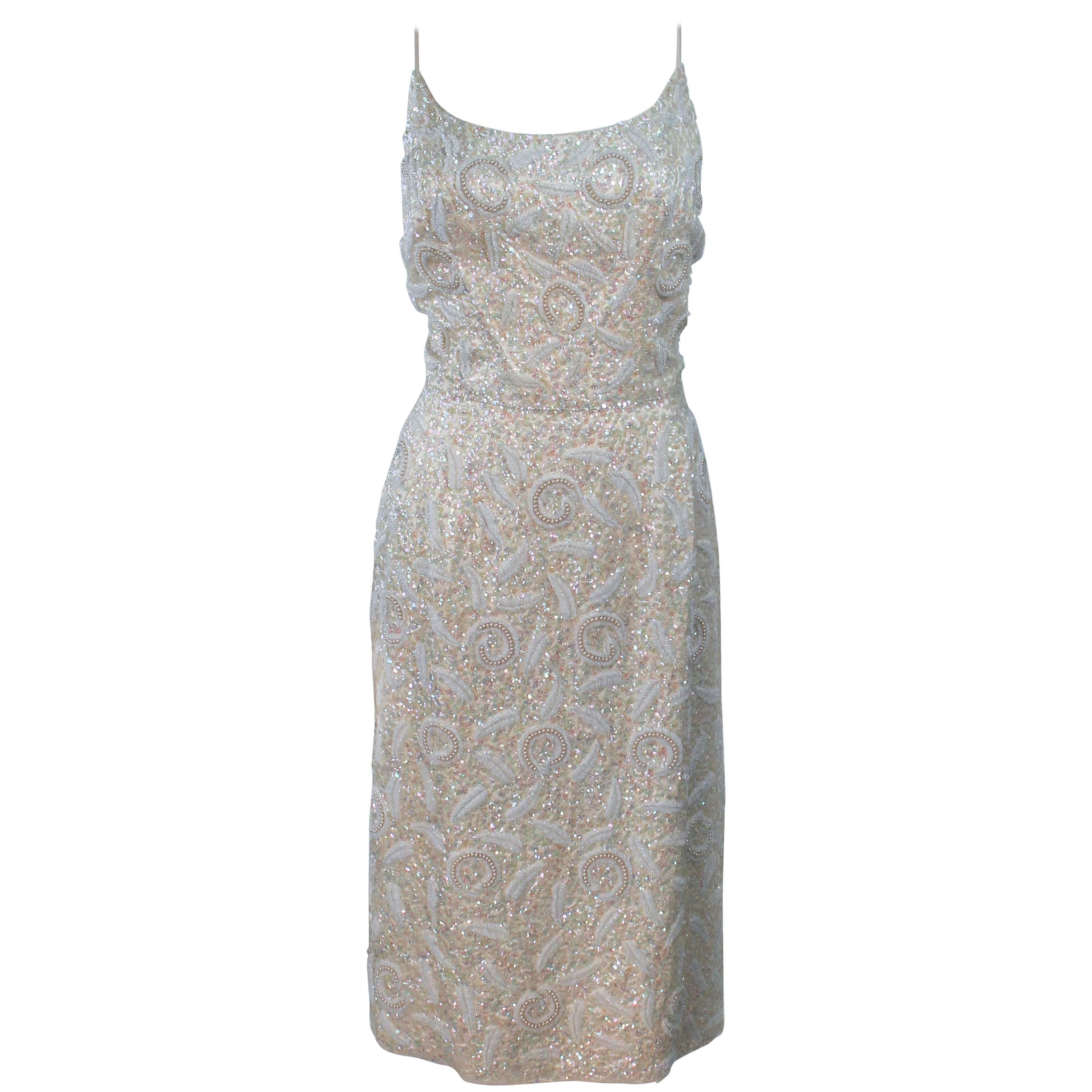 IMPERIAL HOUSE Silk Off White Iridescent Sequined Cocktail Dress Size 6 For Sale