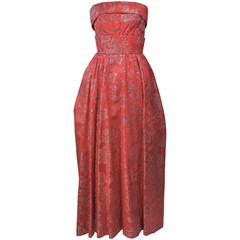 1950's Coral Orange Lame Strapless Gown Size 4-6