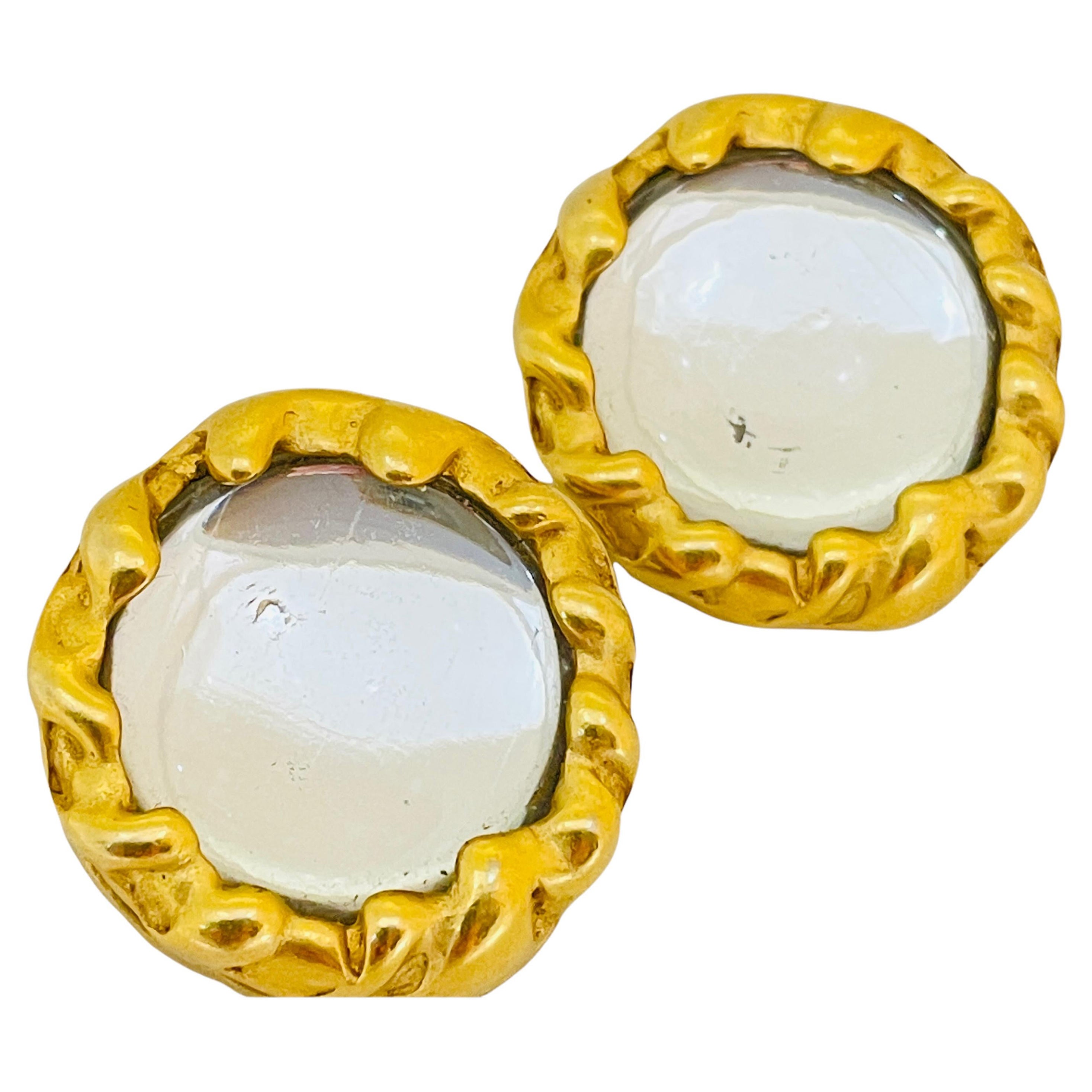 Vintage DONA KARAN DKNY gold glass designer clip on earrings For Sale