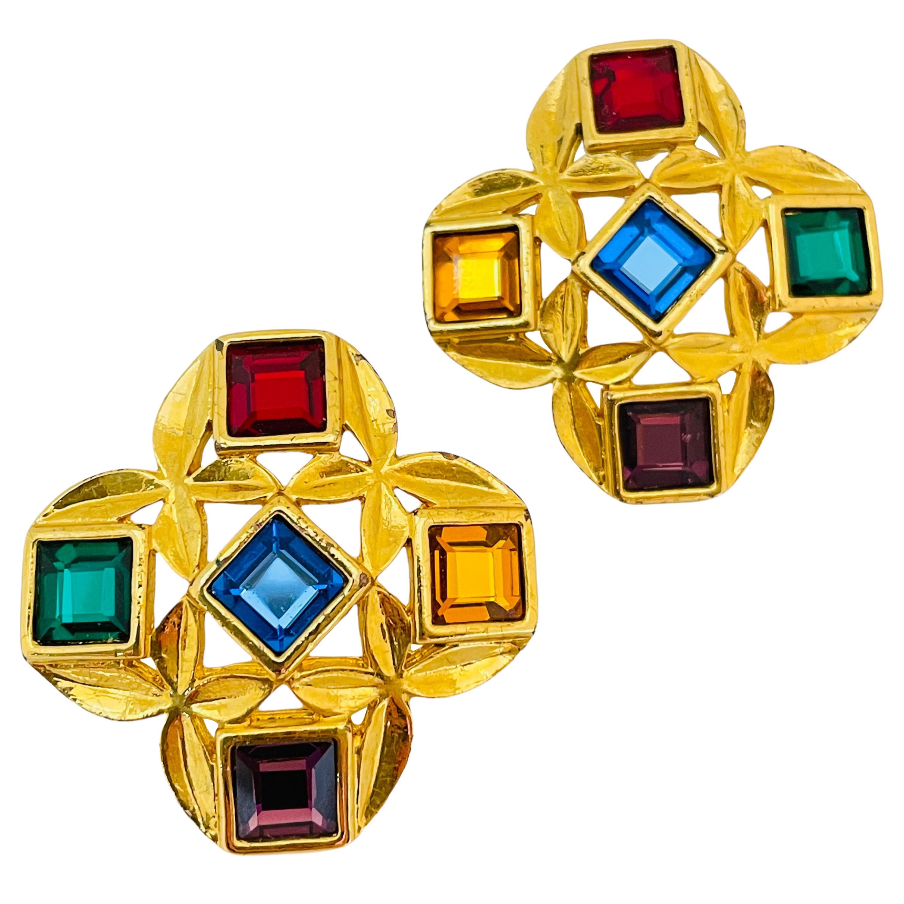 Vintage gold jewel glass Maltese cross pierced earrings