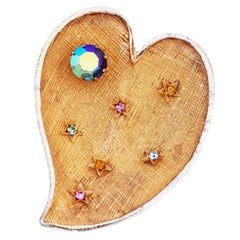 Hatch Texture Gold Heart Brooch With Colorful Rhinestone Star Details By Kramer