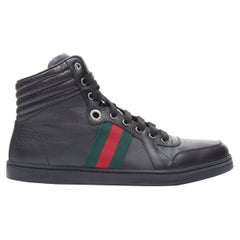 neu GUCCI Traga Ace schwarzes Leder Web hohe Top-Sneaker UK7.5 EU41.5