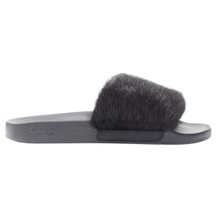 new GIVENCHY black Vison Mink fur logo outsole rubber pool slides sandals EU36