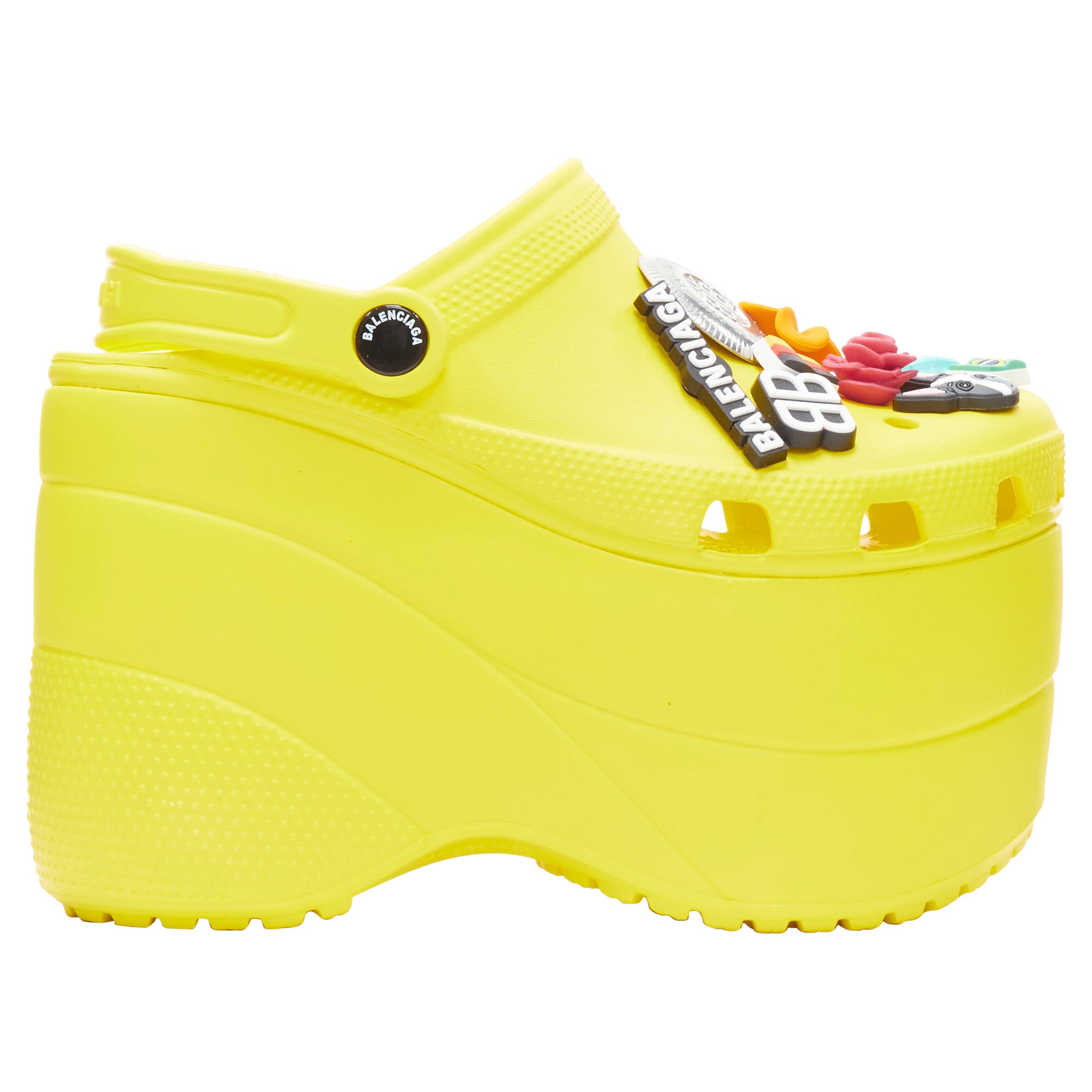 BALENCIAGA CROCS Sandales compensées rares jaune logo gibbet EU35, défilé 2018, neuves