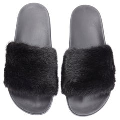 new GIVENCHY black Vison Mink fur logo rubber molded casual pool slides EU36