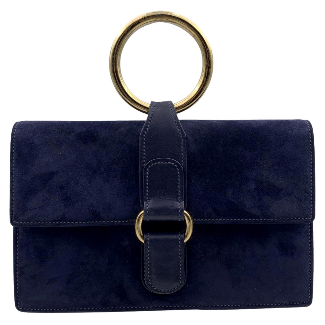  Gucci Vintage Blue Suede and Leather Handbag Ring Handle
