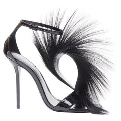 new SAINT LAURENT Jamie 110 Runway black fur mohawk patent sandals EU37