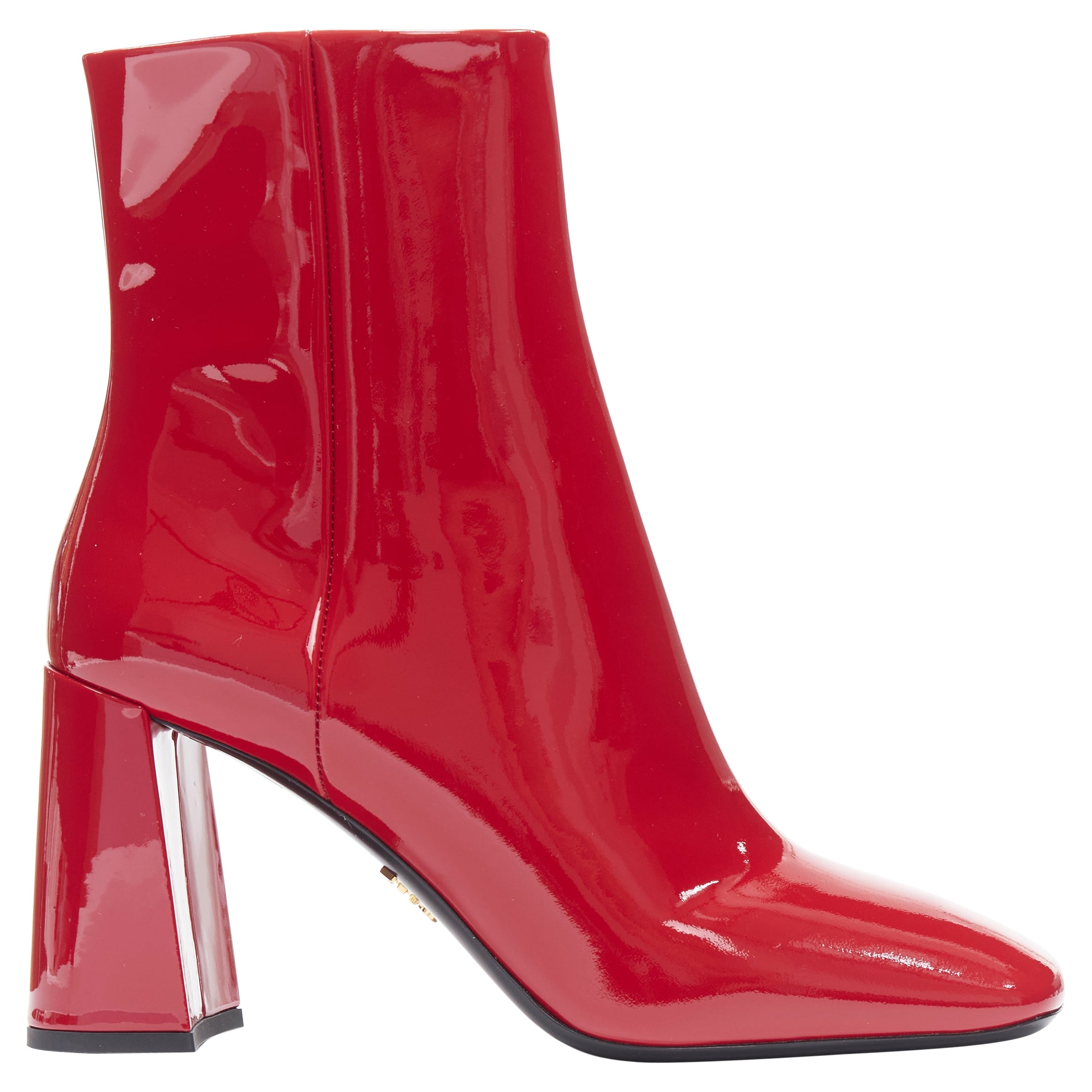 new PRADA lipstick red patent square toe chunky heel ankle boot EU36